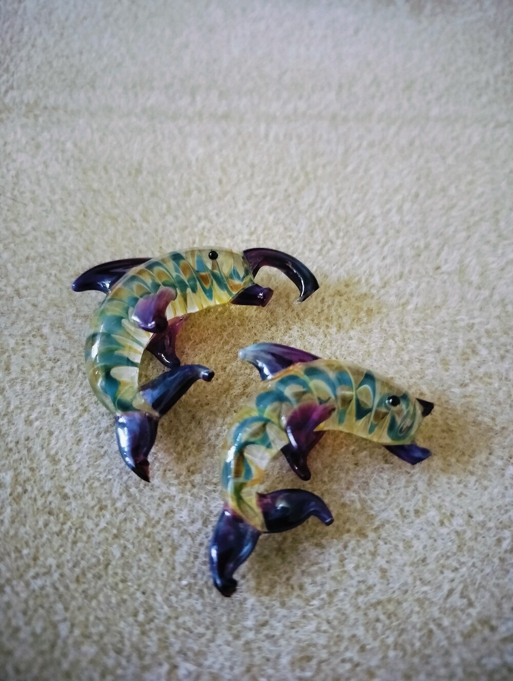 Vintage Hand Blown Mini Glass Dolphin Figurines Pair Purple Teal Swirl Set Of 2